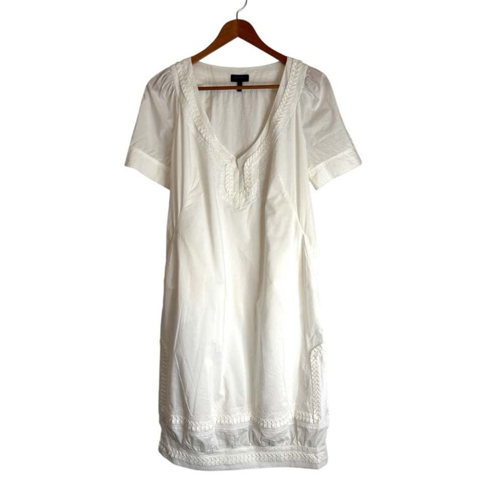 Escada Sport White Cotton V Neck Shift Dress With Embroidered Detail Size M